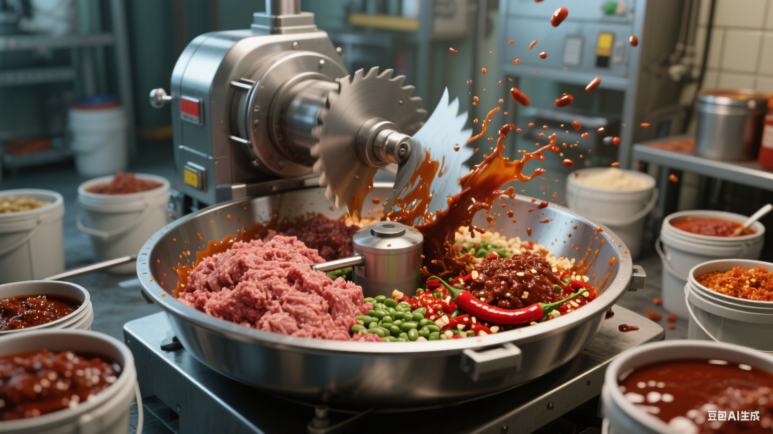 在肉类加工、速冻食品、调味品制作等食品领域，斩拌机是提升生产效率(图3)